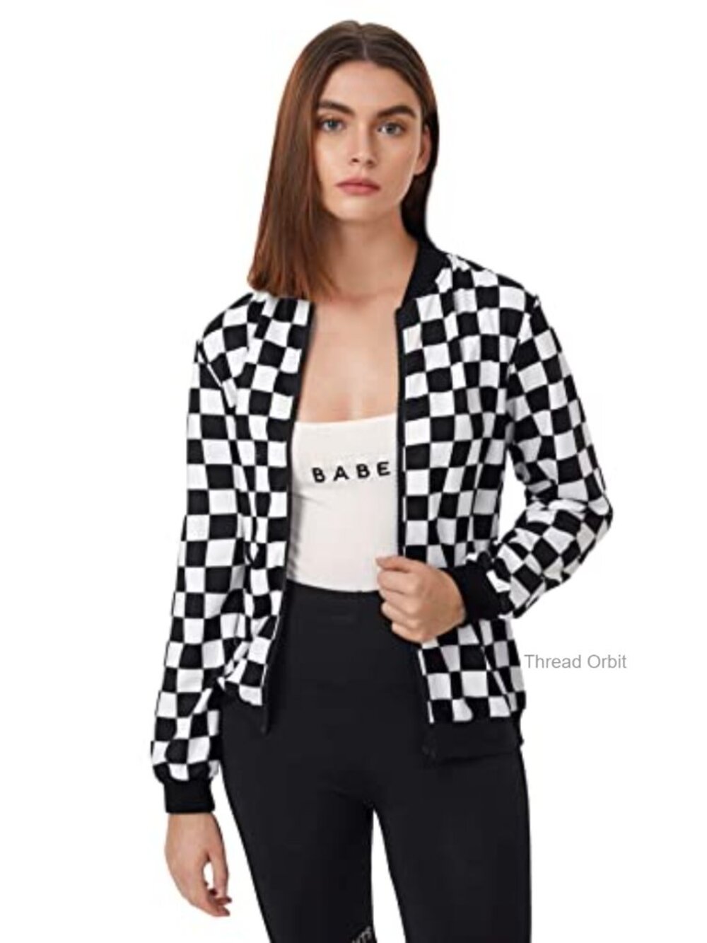WDIRARA Plaid Zip Front Stand Collar Casual Jacket Quilted Long Sleeve